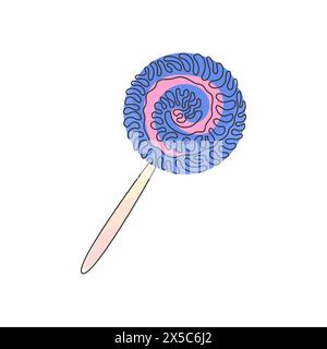 Single continuous line drawing swirl lollipops. Colored sugar candies for dessert. Sweet candy on stick with twisted design. Swirl curl style. Dynamic Stock Vector