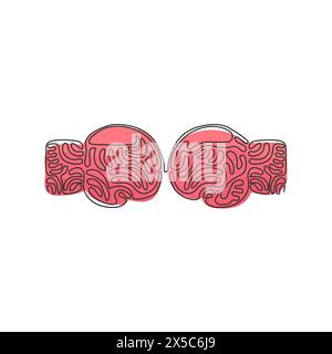 Single one line drawing boxing gloves hitting together. Boxing gloves fight. Red and blue boxing gloves that are fighting. Swirl curl style. Continuou Stock Vector