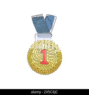 Single one line drawing gold medal for first place. Gold medal on ribbon. Award for victory winning first placement achievement. Swirl curl style. Con Stock Vector