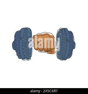 Single one line drawing hand with dumbbell. Dumbbell in hand. Gym, fitness, sport label. Train hard. Stay strong. Swirl curl style. Modern continuous Stock Vector