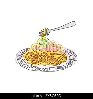 Continuous one line drawing spaghetti bolognese with fork on plate. Classic Italian pasta dish for lunch. Delicious meal at home. Swirl curl style. Si Stock Vector