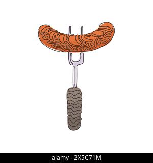 Single one line drawing grilled sausage line and glyph icon, barbecue and food, sausage on fork sign. Delicious meal. Swirl curl style. Modern continu Stock Vector