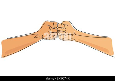 Continuous one line drawing two hands make fist bump. Sign or symbol of power, hitting, attack, force. Communication with hand gestures. Nonverbal sig Stock Vector