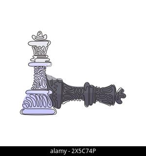 Single one line drawing figures of wooden chess on chessboard. King, queen of opposing team's. Composition for tourney. Swirl curl style. Modern conti Stock Vector