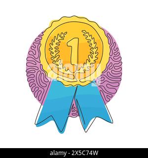 Single one line drawing gold medal, winner award. Circle awards with ribbons and numbers one icon. Swirl curl circle background style. Modern continuo Stock Vector