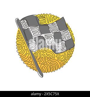 Single continuous line drawing flag icon. Racing sign. Checkered racing flag. Black and white flag. Finish, start mark. Swirl curl circle background s Stock Vector