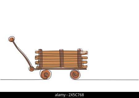 Continuous one line drawing toy mini wagon with wooden. Farm wheelbarrow. Equipment of garden cart for gardening, harvesting, planting seedlings. Sing Stock Vector