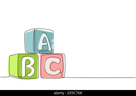 Single one line drawing alphabet cubes with letters ABC. Block building tower. ABC letters building blocks. Alphabet cubes with letters. Modern contin Stock Vector