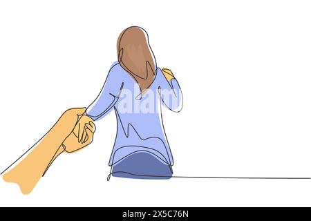 Single continuous line drawing woman holding man hand while leading him on nature outdoor. Couple in love. and promise to be faithful to each other. O Stock Vector