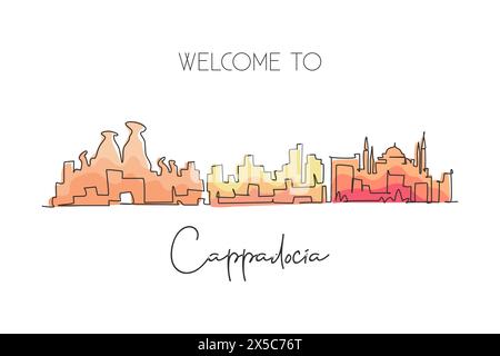 Single one line drawing Cappadocia city skyline, Turkey. World historical town landscape. Best holiday destination postcard art. Editable stroke trend Stock Vector