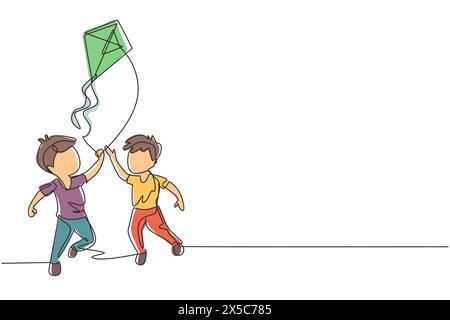 Continuous one line drawing two boy playing to fly kite up into the sky at outdoor field. Kids playing kite in playground. Children with kites game an Stock Vector