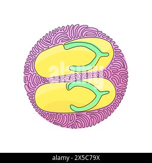 Continuous one line drawing flip flops icon. Cute and colorful summer flip flops for beach holiday designs. Swirl curl circle background style. Single Stock Vector