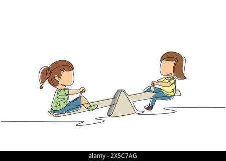 Continuous one line drawing two little girls swinging on seesaw. Kids having fun at playground. Cute kids playing seesaw together happily at park. Sin Stock Vector