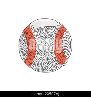 Single continuous line drawing leather baseball ball. American traditional sports game. Baseball. Baseball ball and bats. Swirl curl style. Dynamic on Stock Vector
