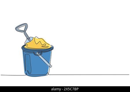 Single one line drawing Bucket and spade. Sand in bucket with shovel. Summer plastic kid toy. Sand bucket and shovel. Children's toys on beach. Contin Stock Vector