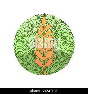 Single continuous line drawing wheat ears icon. Agriculture farm logo. Natural product grain sign. Swirl curl circle background style. Dynamic one lin Stock Vector