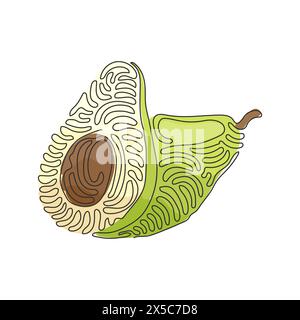 Continuous one line drawing whole avocado and half with seed. Healthy vegan vegetarian food. Tasty appetizer for dinner at home. Swirl curl style. Sin Stock Vector