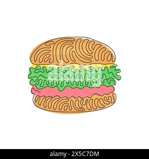 Single one line drawing hamburger, cheeseburger. Bun with cutlet, cheese, lettuce, tomato. American Street fast food. Swirl curl style. Modern continu Stock Vector