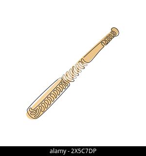 Single continuous line drawing wooden baseball bat. American sport game equipment. Realistic baseball bat. Outdoor sport. Swirl curl style. Dynamic on Stock Vector