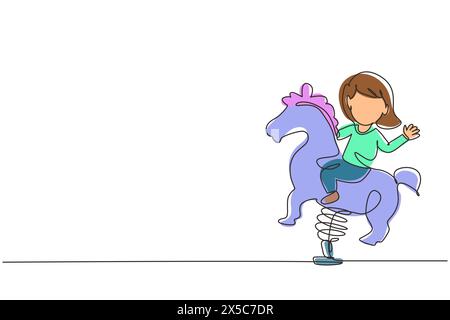 Single one line drawing little girl riding horse ride in park playground. Kids riding toy horse rocking. Happy girl riding horse swinging seesaw. Cont Stock Vector