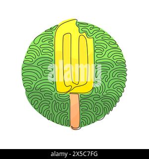 Single continuous line drawing frozen popsicle have been bitten. Ice cream on stick for dessert. Cold summer snack. Swirl curl circle background style Stock Vector