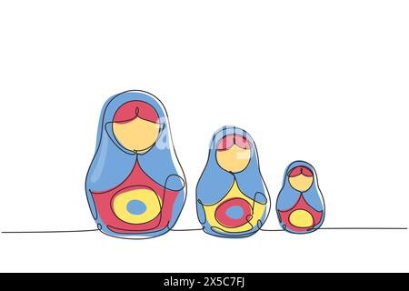 Continuous one line drawing matryoshka russian nesting dolls of different sizes, souvenir from Russia. Traditional Russian matryoshka dolls souvenir. Stock Vector