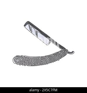 Single continuous line drawing Shaving razor. Realistic illustration of straight razor with handle and wet shave razors for men. Swirl curl style. One Stock Vector