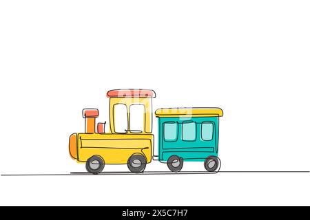 Continuous one line drawing toy train. Cute toy train and locomotive with railway carriage. Baby train toy. Passenger and cargo. Icon of children's to Stock Vector