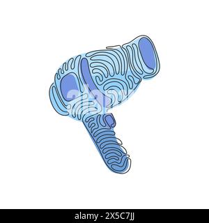 Single continuous line drawing electric hair dryer. Hotel room hair dryer. Professional hair style tool. Hair care tool. Swirl curl style. Dynamic one Stock Vector