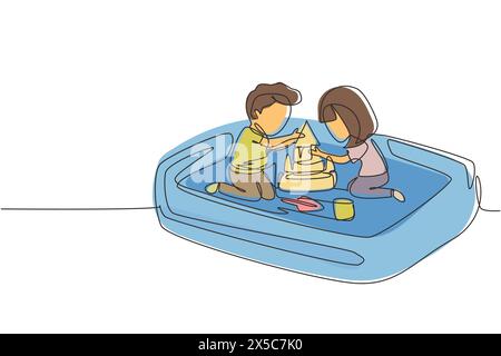 Single continuous line drawing boy and girl of preschool age are playing in sandbox. Two little kids making sandcastle in sandbox. Outdoor game park. Stock Vector