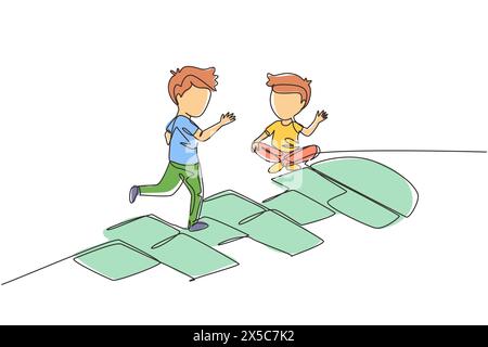 Single continuous line drawing two little boys playing hopscotch at kindergarten yard. Kids playing hopscotch game outside. Hop scotch court drawn wit Stock Vector