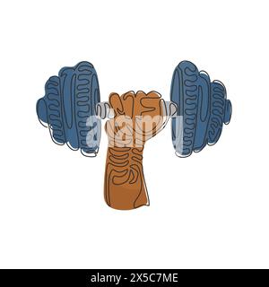 Continuous one line drawing athletic sportsman arm holding dumbbell. Fitness workout. Barbell and strong hand fist. Swirl curl style. Power lifting. S Stock Vector