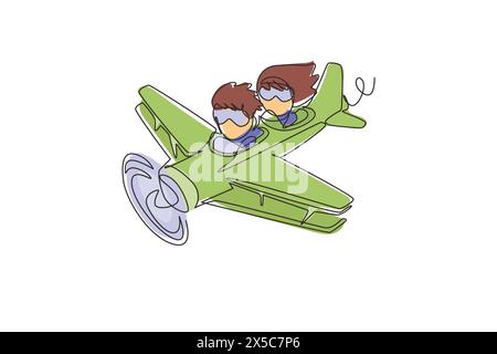 Continuous one line drawing little boy operating plane and a girl as passengers. Kids flying in airplane. Happy smiling kid flying plane like real pil Stock Vector