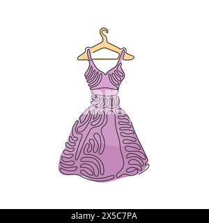 Single continuous line drawing elegant dress on shoulders icon. Dress hanger. Clothing store. Fashion boutique concept. Swirl curl style. Dynamic one Stock Vector