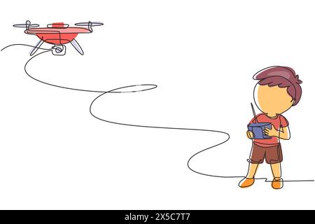 Single one line drawing boy with remote control drone. Kid playing with quadcopter. Happy child controlling flying robot camera drone. Modern continuo Stock Vector