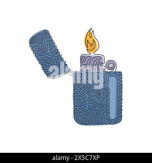 Single one line drawing metal lighter. Fire from lighter. Manual, gas lighter with burning flame in flat style. Swirl curl style concept. Modern conti Stock Vector
