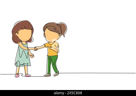 Single one line drawing girls standing and shaking hands making friendship. Children introduce themselves. Girls touching each other's hand. Continuou Stock Vector