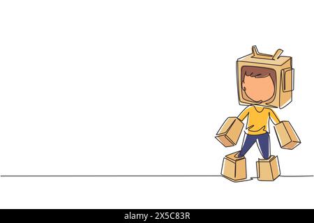 Continuous one line drawing cute boy play cardboard battle robot suit, cosplay male kid entertainment robotic costume. Children creative imagine idea, Stock Vector