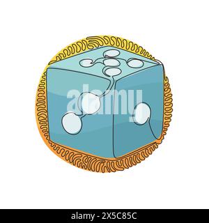 Continuous one line drawing dice. Dice with white dots. Dice cube, casino game. Stay home for hobby time. Swirl curl circle background style. Single l Stock Vector