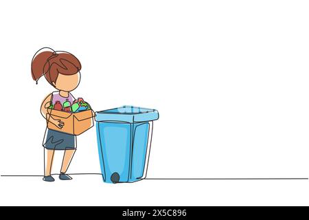 Single continuous line drawing girl gathering garbage and plastic waste for recycling. Kid picking up plastic bottles into garbage. Eco education. One Stock Vector