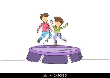 Single one line drawing two smiling boys jumping on trampoline together. Happy kids jumping on round trampoline. Active children outdoors games. Conti Stock Vector
