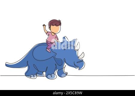 Single one line drawing little boy caveman riding triceratops. Young kid sitting on back of dinosaur. Stone age children. Ancient human life. Continuo Stock Vector