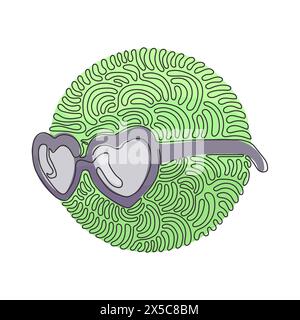 Single continuous line drawing glasses in shape hearts. Trendy cute love. Fashion and style, accessories. Swirl curl circle background style. One line Stock Vector