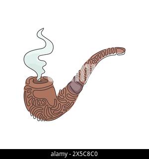 Single continuous line drawing smoking pipe with smoke. Tobacco pipe isolated. Tube for smoking tobacco. Personal smoking pipe. Swirl curl style. One Stock Vector