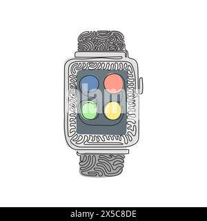 Continuous one line drawing Smart watch device display with app icons. Smart watch wearable technology. Modern device technology. Swirl curl style. Si Stock Vector