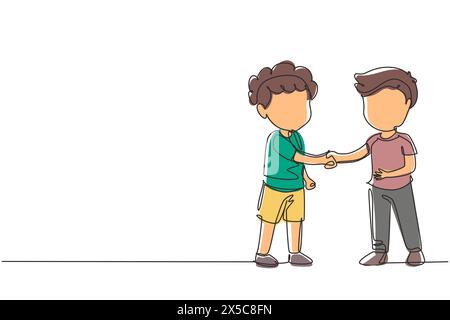 Single one line drawing boys standing and shaking hands making friendship. Children introduce themselves. Cute boys touching each other's hand. Contin Stock Vector