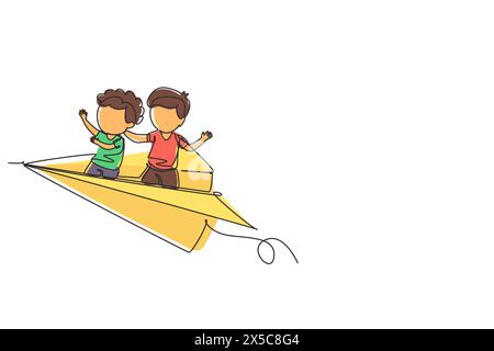 Single one line drawing happy two little boys flying on paper plane. Kids flying on paper airplane together. Children back to school concept. Continuo Stock Vector