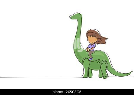 Single continuous line drawing little girl caveman riding brontosaurus. Young kid sitting on back of dinosaur. Ancient human life concept. Dynamic one Stock Vector