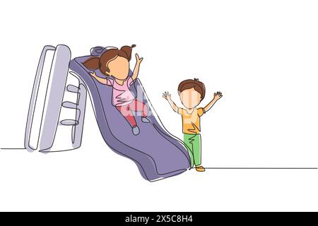 Single one line drawing preschool kids playing together in kindergarten. Little girl sliding down the slide and smiling boy seeing her on side of slid Stock Vector