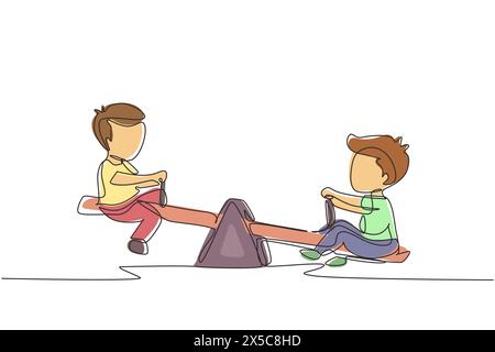 Continuous one line drawing two little boys swinging on seesaw. Kids having fun at playground. Cute kids playing seesaw together in kindergarten. Sing Stock Vector